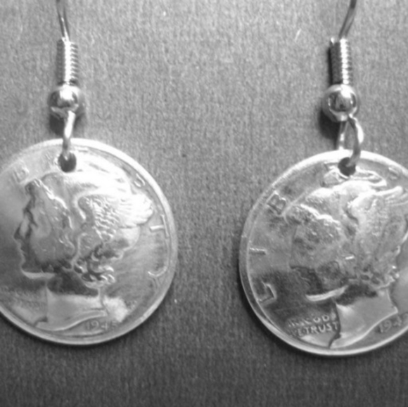 Vintage Silver Domed Polished Mercury Dime Drop Hook Earrings - Picture 4 of 7